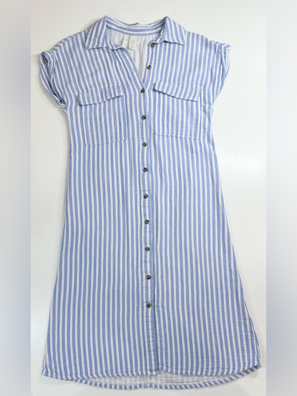 H&M Blue White Striped Cotton Gauze Shirt Dress XS Beach Cover Up Coastal Summer - Picture 2 of 9